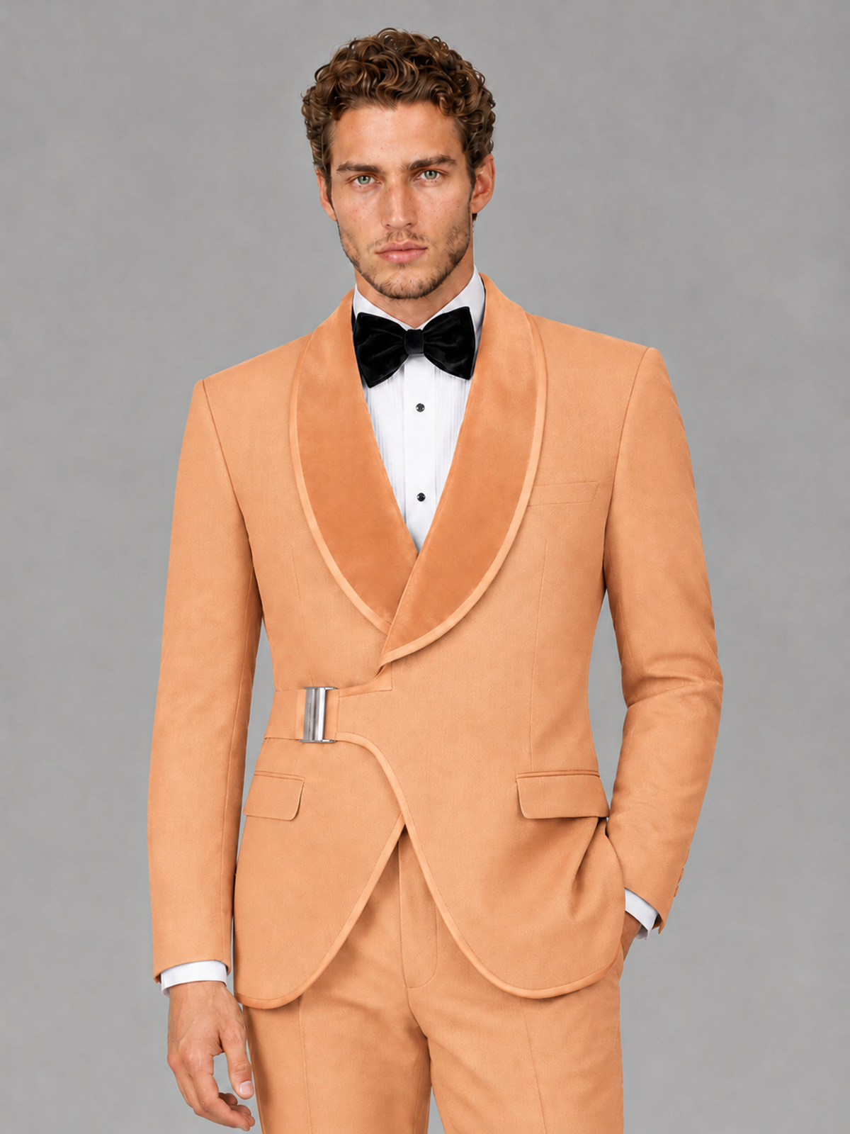 Savile Men's Gold Velvet Shawl Lapel Tuxedo Suit – Modern Side-Buckle Dinner Jacket & Trousers 2-Piece Set - Gold