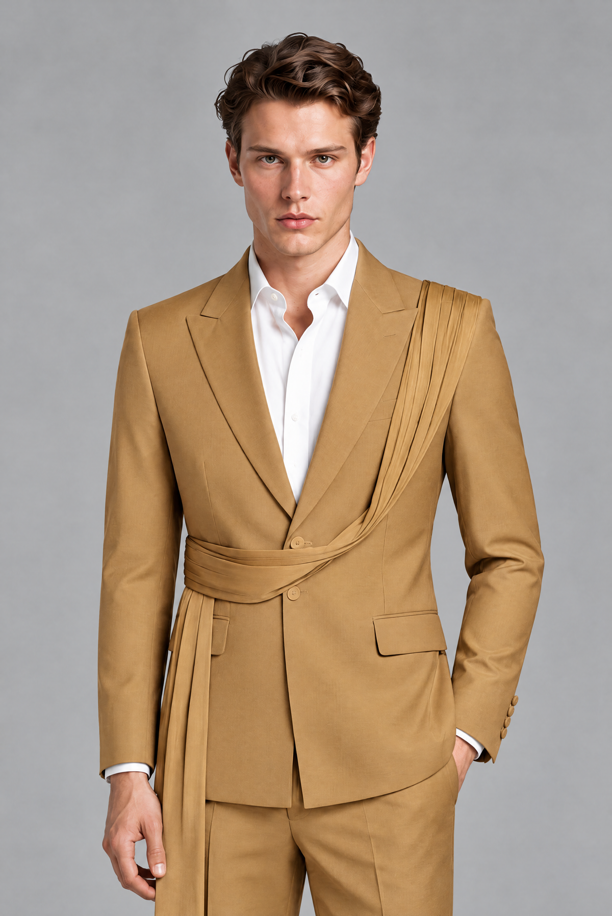 Men's Gold Draped Sash Suit – Peak Lapel 2-Piece Slim Fit Party, Gala & Wedding Set - Gold