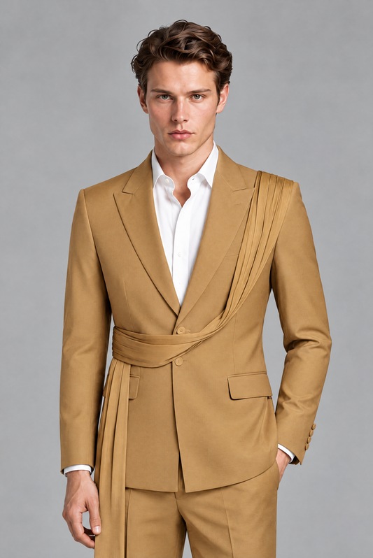 Men's Gold Draped Sash Suit – Peak Lapel 2-Piece Slim Fit Party, Gala & Wedding Set - Gold