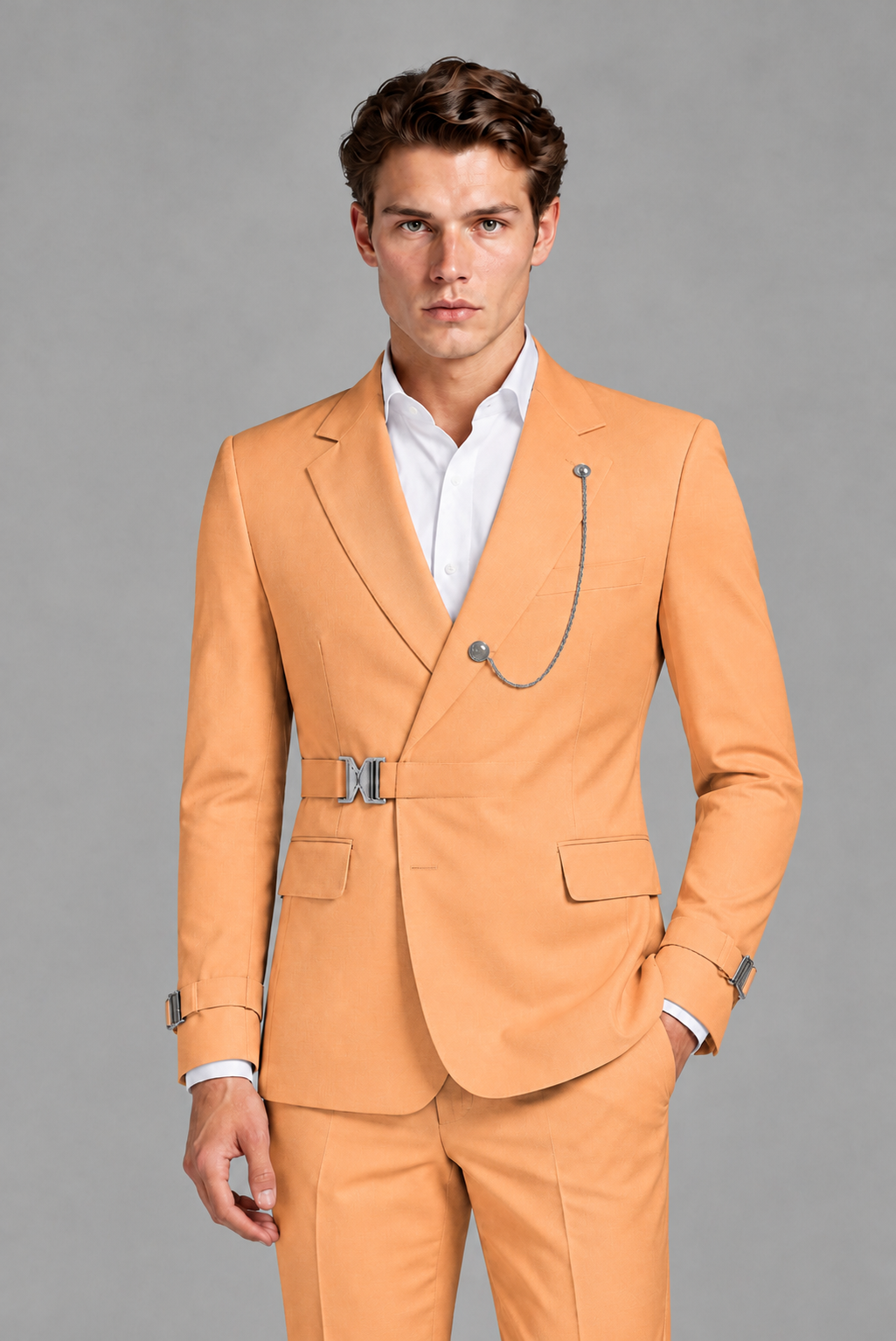 Savile Men's Gold Buckle-Closure 2-Piece Suit Set | Peak Lapel Blazer & Trousers - Gold