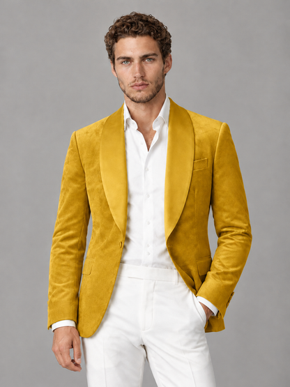 Savile Men's Gold Velvet Shawl Lapel 2-Piece Tuxedo Suit Set | Jacket & White Trousers - Gold - Gold (1)