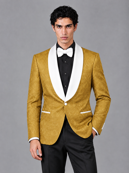 Savile Men's Gold Jacquard White Shawl Lapel 2-Piece Tuxedo Suit Set | Jacket & Trousers - Gold - Gold (1)