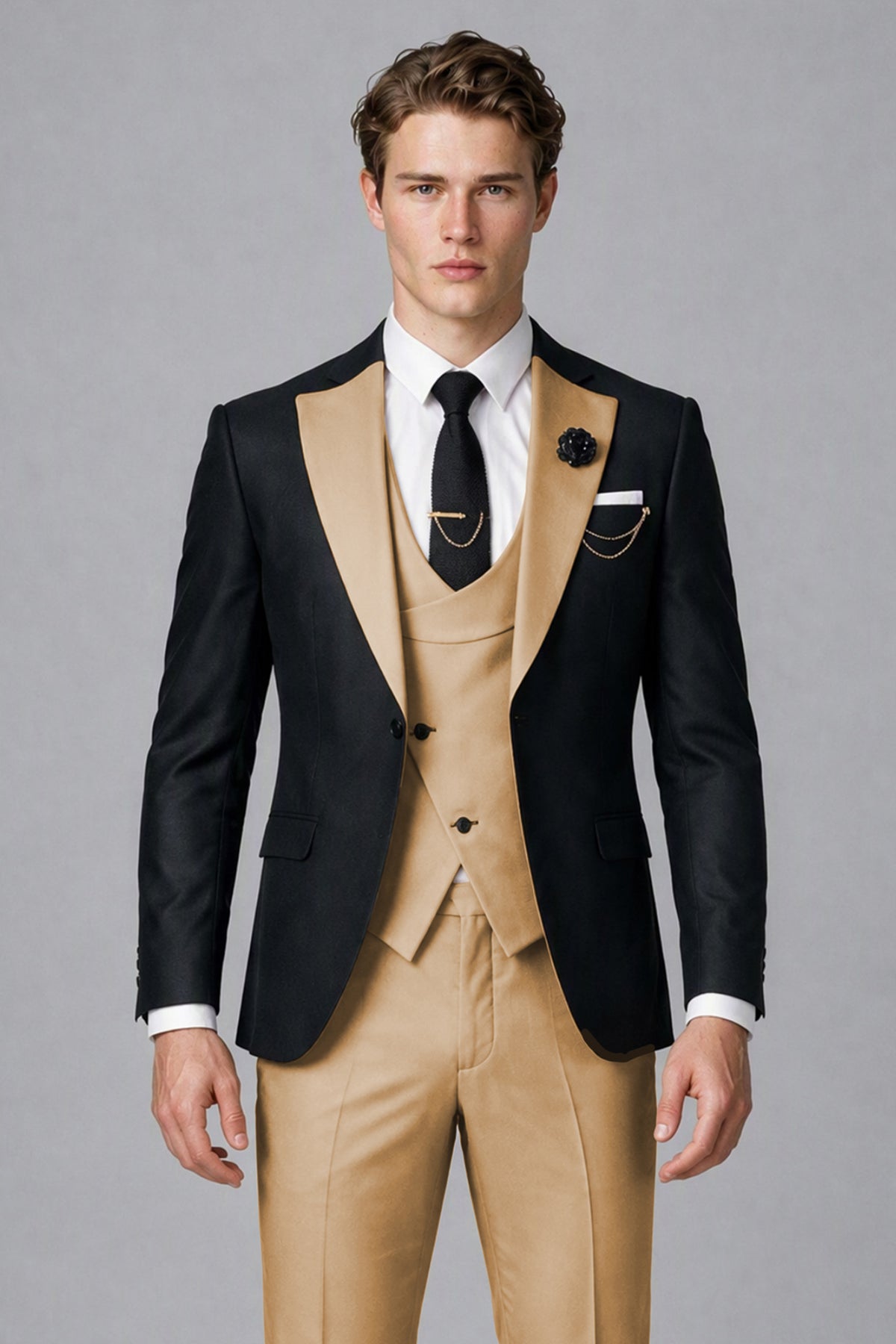 Savile Men's Black & Gold Three-Piece Wedding Suit - Gold
