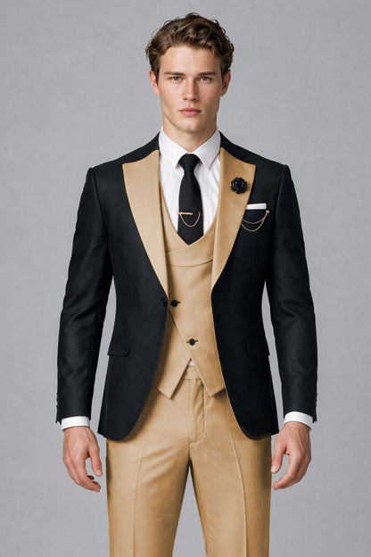 Savile Men's Black & Gold Three-Piece Wedding Suit - Gold