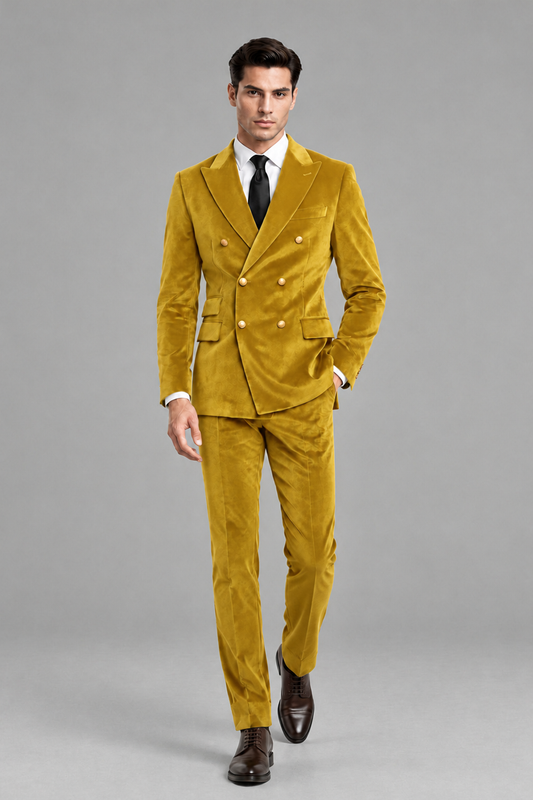 Savile Men's Gold Velvet Double-Breasted 2-Piece Suit Set | Peak Lapel Blazer & Trousers - Gold