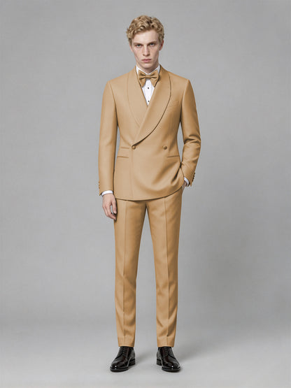 Men's Gold Single-Button Gold Satin Shawl Lapel Tuxedo Suit Set | Blazer & Trousers - Gold