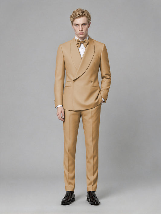 Men's Gold Single-Button Gold Satin Shawl Lapel Tuxedo Suit Set | Blazer & Trousers - Gold
