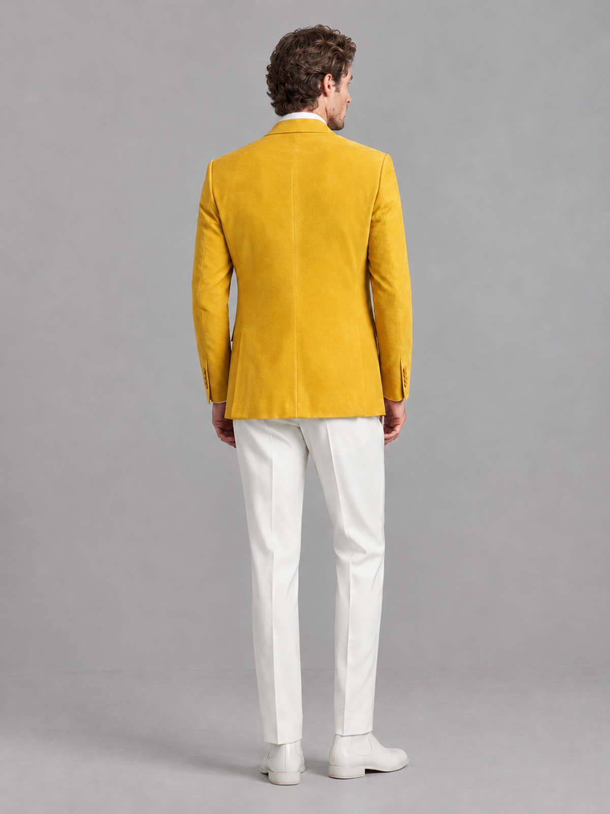 Savile Men's Gold Velvet Shawl Lapel 2-Piece Tuxedo Suit Set | Jacket & White Trousers - Gold - Gold (2)