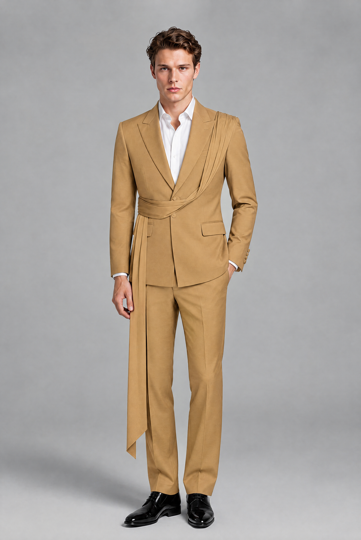 Men's Gold Draped Sash Suit – Peak Lapel 2-Piece Slim Fit Party, Gala & Wedding Set - Gold