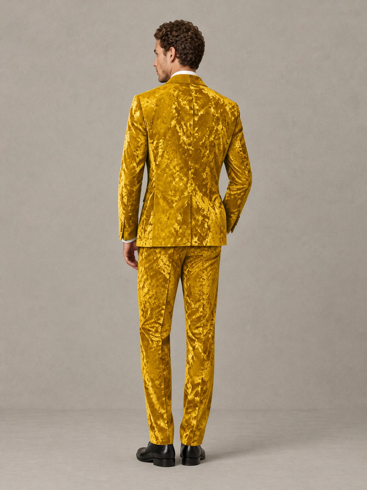 Savile Men's Gold Crushed Velvet Peak Lapel 2-Piece Suit Set | Jacket & Trousers - Gold - Gold (2)