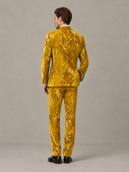 Savile Men's Gold Crushed Velvet Peak Lapel 2-Piece Suit Set | Jacket & Trousers - Gold - Gold (2)