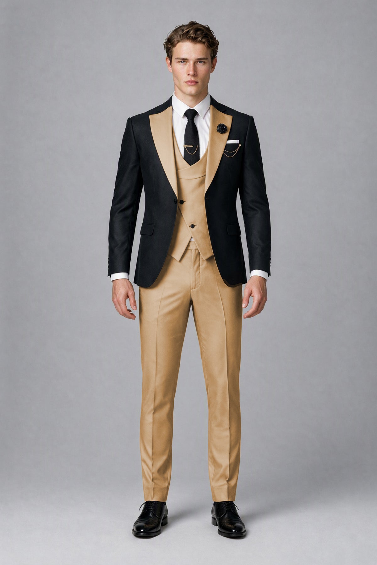 Savile Men's Black & Gold Three-Piece Wedding Suit - Gold