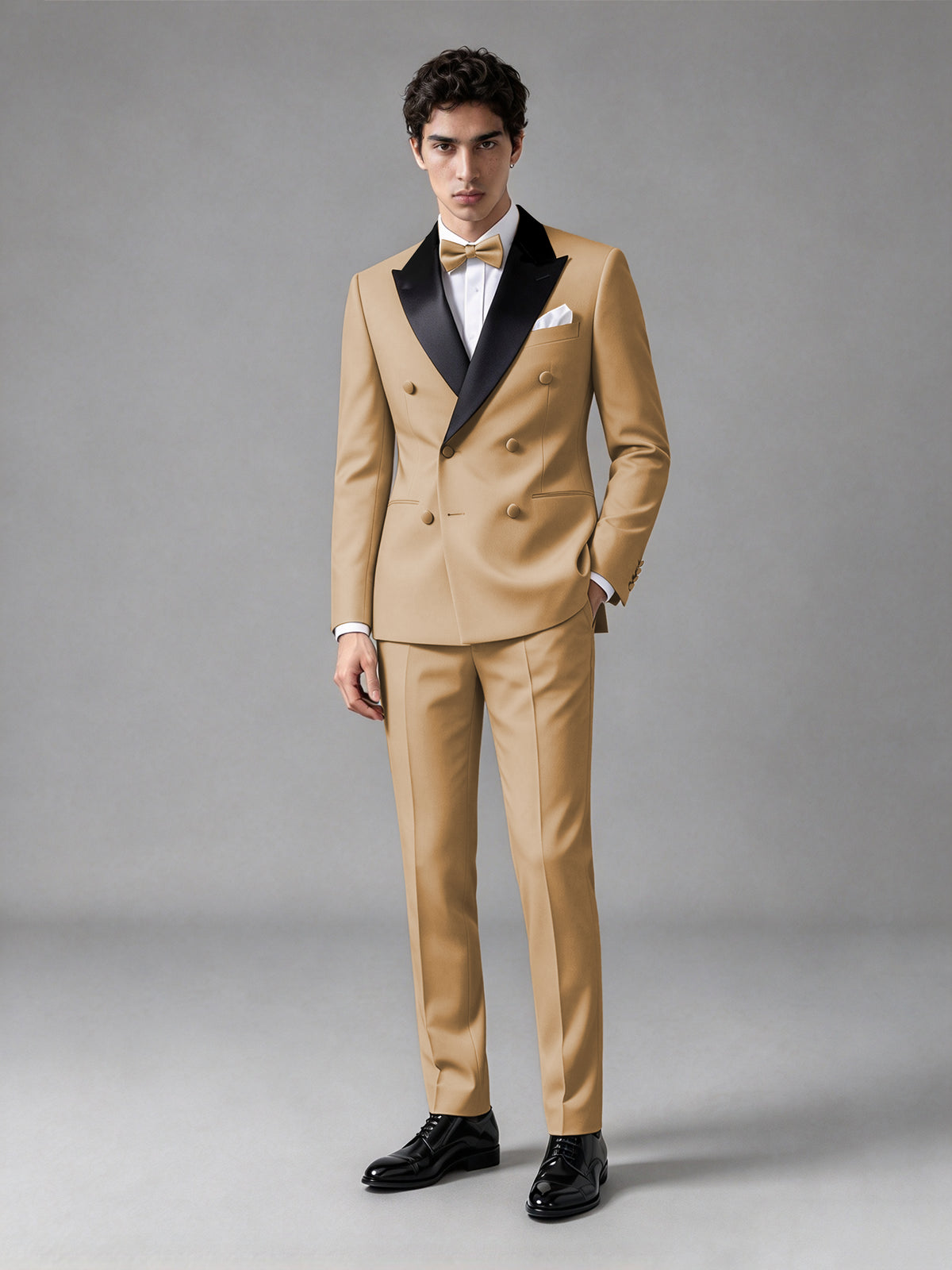 Men's Gold Double-Breasted Satin Peak Lapel Tuxedo Suit Set (Jacket + Trousers) - Gold