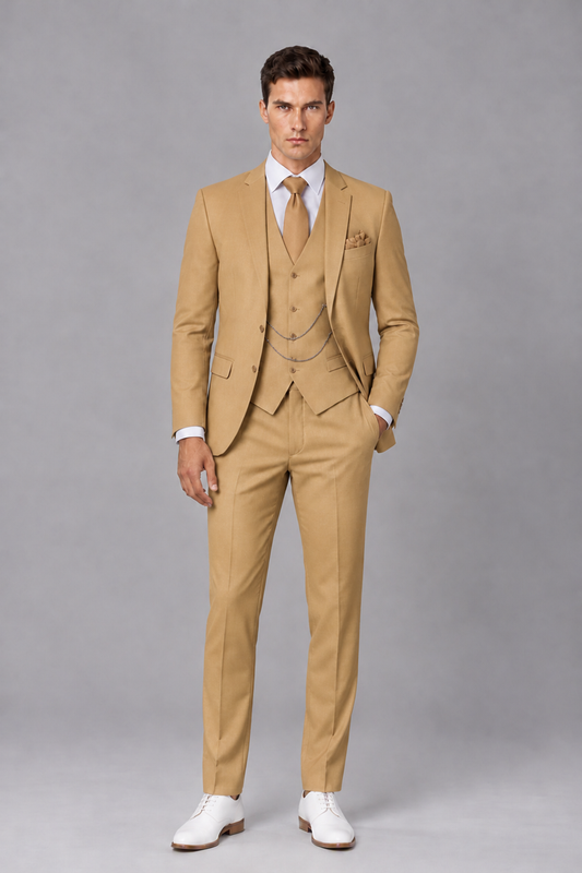 Savile Gold 3-Piece Suit with Notch Lapel & Chain Vest - Gold