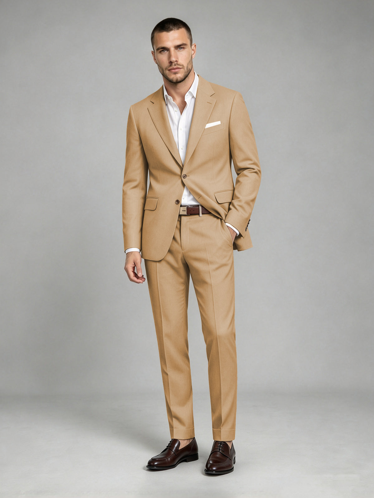 Savile Men's Dark Gold Wool-Blend 2-Piece Suit Set – Two-Button Notch Lapel Slim-Fit Blazer & Turn-Up Trousers - Gold