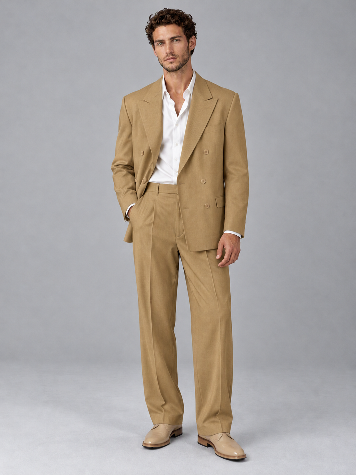 Savile Gold Beige Double-Breasted 2-Piece Suit with Peak Lapel - Gold