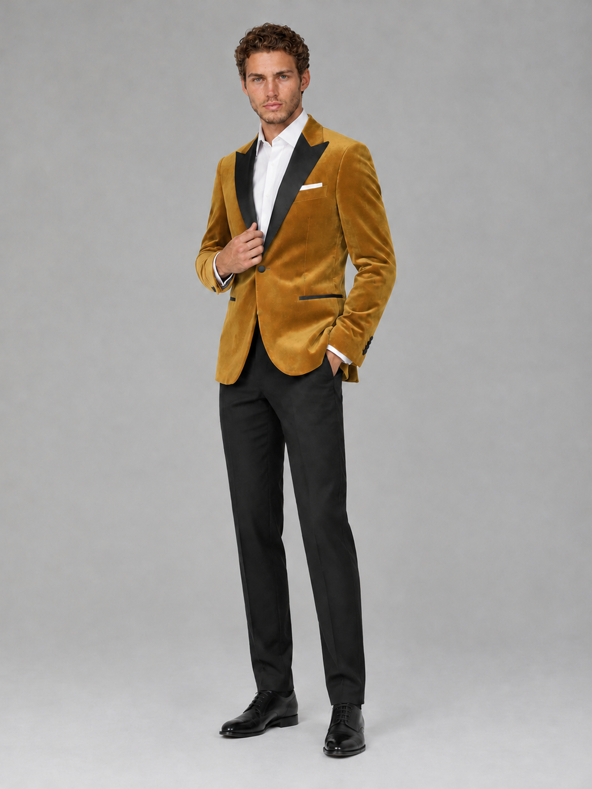 Savile Men's Gold Velvet Peak Lapel 2-Piece Tuxedo Suit Set | Jacket & Trousers - Gold