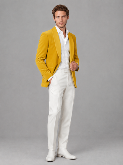 Savile Men's Gold Velvet Shawl Lapel 2-Piece Tuxedo Suit Set | Jacket & White Trousers - Gold - Gold (3)