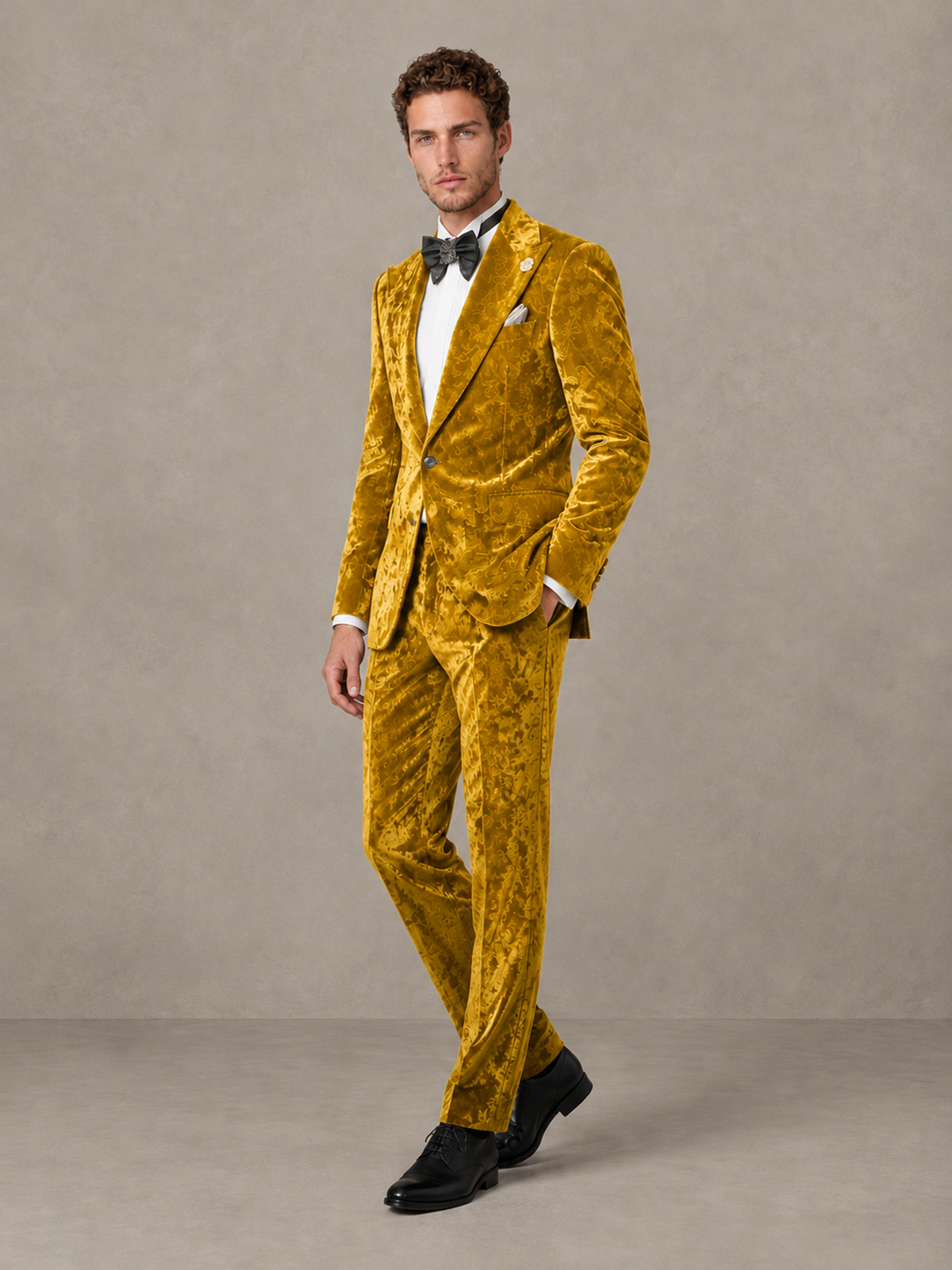 Savile Men's Gold Crushed Velvet Peak Lapel 2-Piece Suit Set | Jacket & Trousers - Gold - Gold (3)
