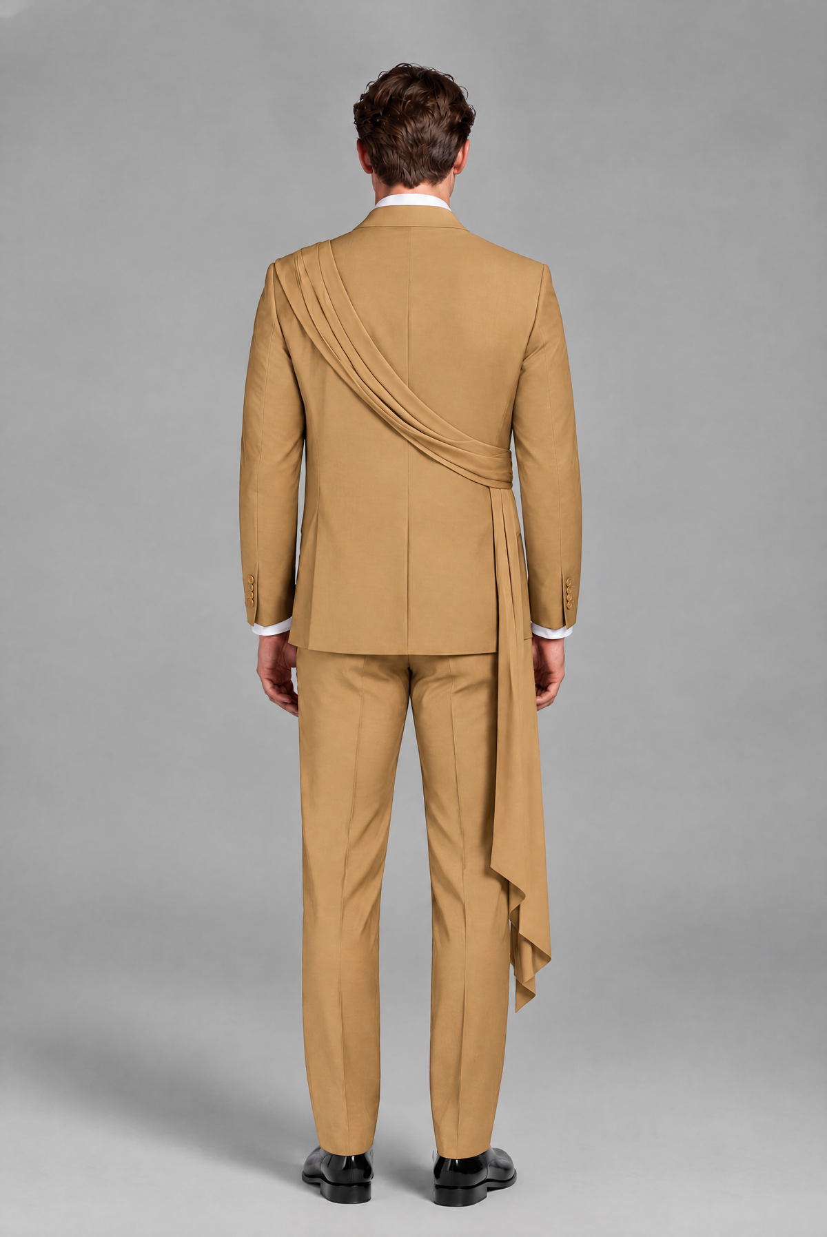 Men's Gold Draped Sash Suit – Peak Lapel 2-Piece Slim Fit Party, Gala & Wedding Set - Gold
