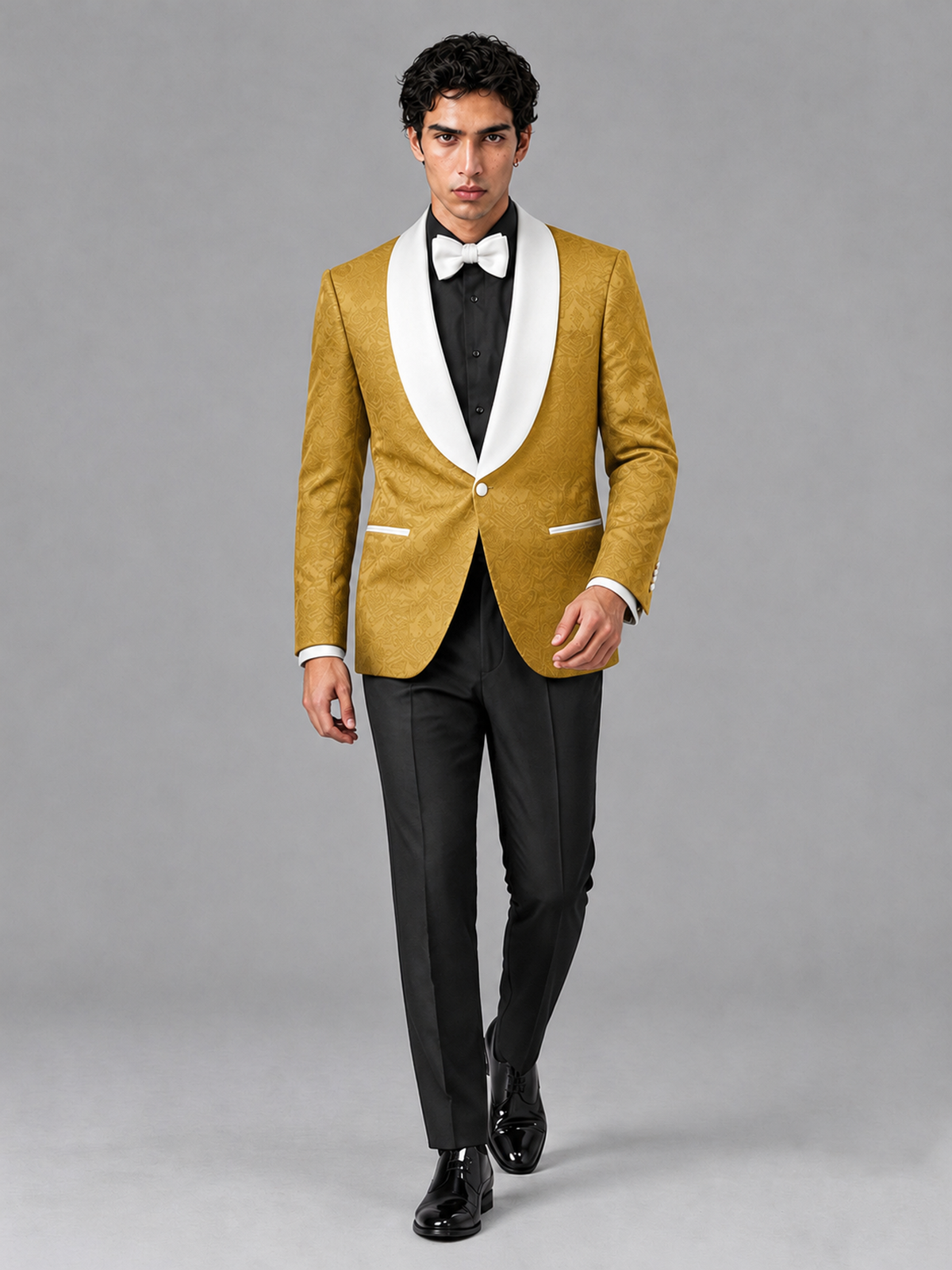 Savile Men's Gold Jacquard White Shawl Lapel 2-Piece Tuxedo Suit Set | Jacket & Trousers - Gold - Gold (3)