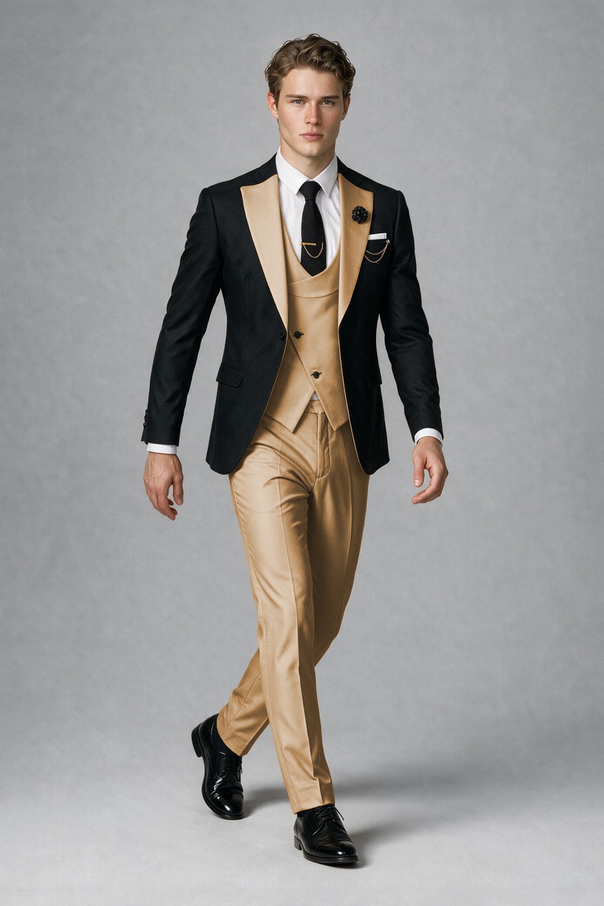 Savile Men's Black & Gold Three-Piece Wedding Suit - Gold