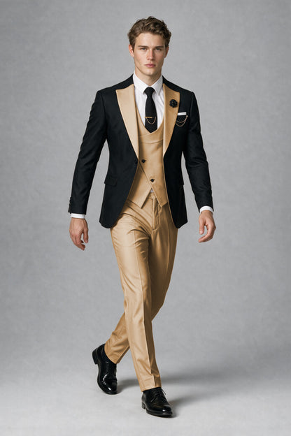 Savile Men's Black & Gold Three-Piece Wedding Suit - Gold