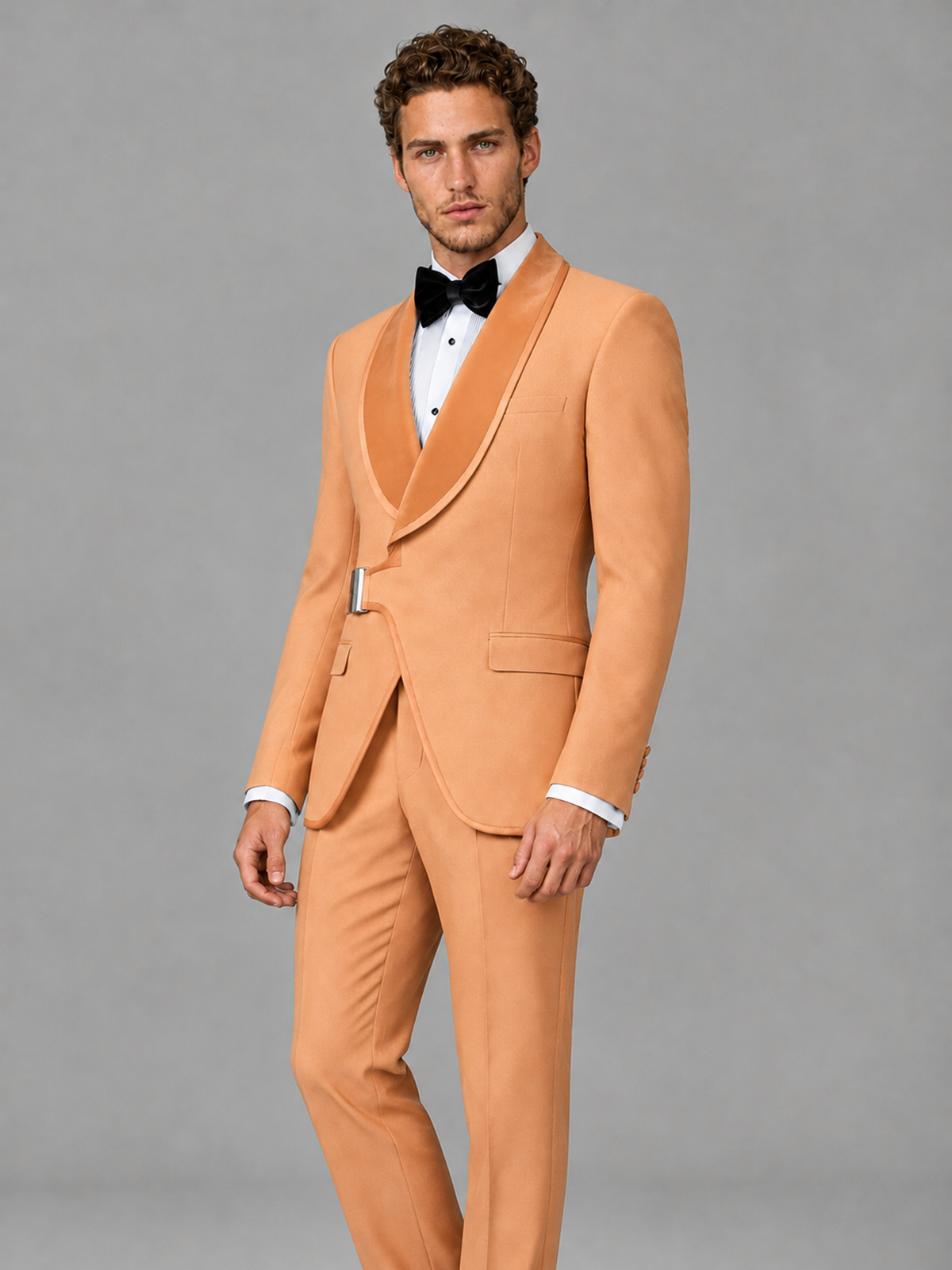 Savile Men's Gold Velvet Shawl Lapel Tuxedo Suit – Modern Side-Buckle Dinner Jacket & Trousers 2-Piece Set - Gold