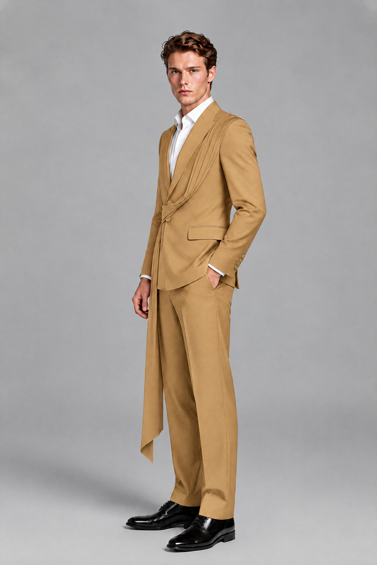 Men's Gold Draped Sash Suit – Peak Lapel 2-Piece Slim Fit Party, Gala & Wedding Set - Gold