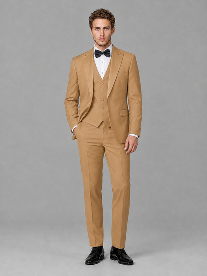 Savile Men's Gold Peak Lapel 3-Piece Tuxedo Suit | Jacket, Vest & Trousers - Gold