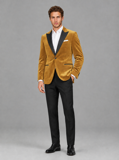 Savile Men's Gold Velvet Peak Lapel 2-Piece Tuxedo Suit Set | Jacket & Trousers - Gold