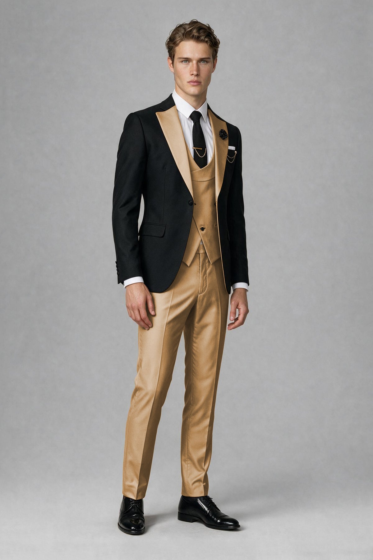 Savile Men's Black & Gold Three-Piece Wedding Suit - Gold