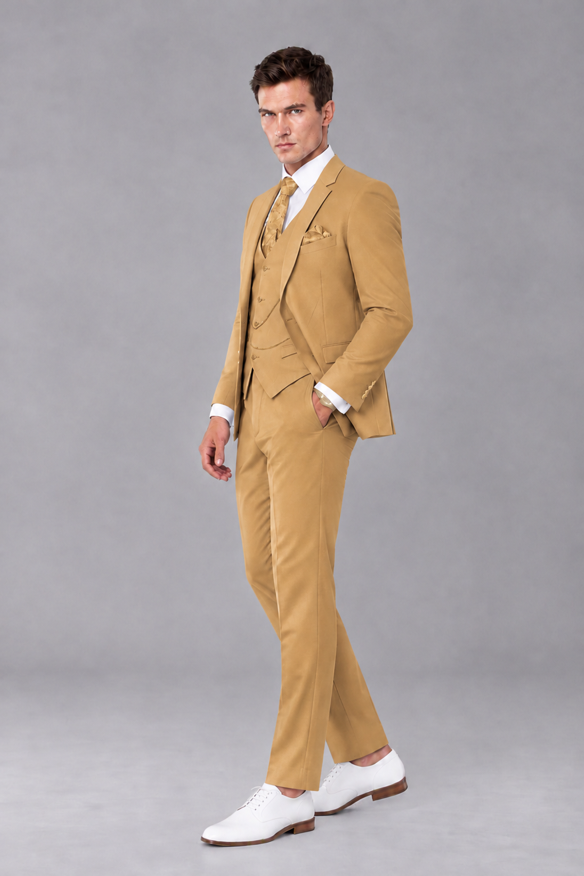 Savile Gold 3-Piece Suit with Notch Lapel & Chain Vest - Gold