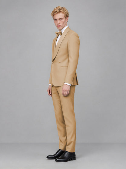 Men's Gold Single-Button Gold Satin Shawl Lapel Tuxedo Suit Set | Blazer & Trousers - Gold