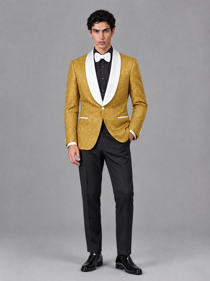 Savile Men's Gold Jacquard White Shawl Lapel 2-Piece Tuxedo Suit Set | Jacket & Trousers - Gold - Gold (4)