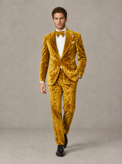 Savile Men's Gold Crushed Velvet Peak Lapel 2-Piece Suit Set | Jacket & Trousers - Gold - Gold (4)