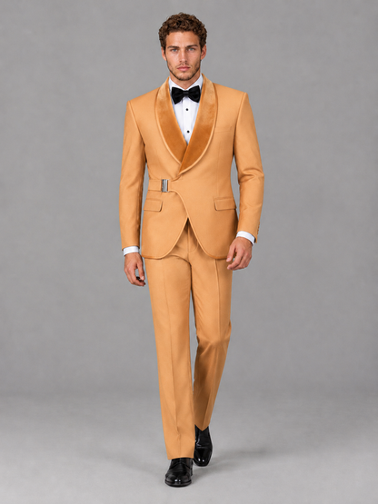 Savile Men's Gold Velvet Shawl Lapel Tuxedo Suit – Modern Side-Buckle Dinner Jacket & Trousers 2-Piece Set - Gold