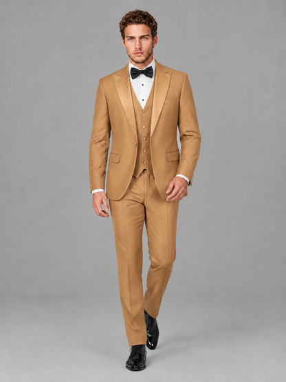 Savile Men's Gold Peak Lapel 3-Piece Tuxedo Suit | Jacket, Vest & Trousers - Gold