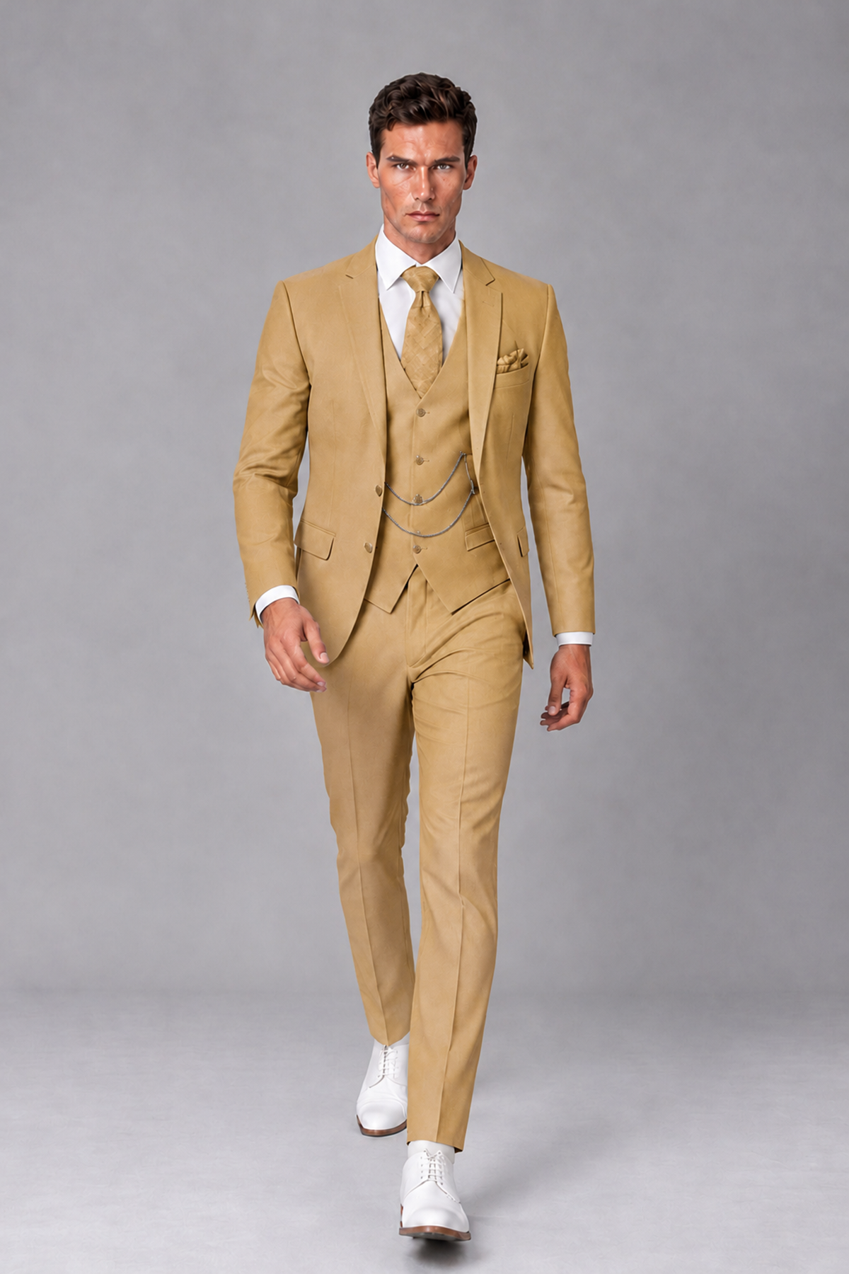 Savile Gold 3-Piece Suit with Notch Lapel & Chain Vest - Gold