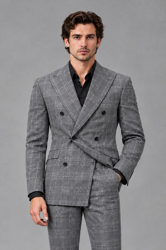 Savile Men's Rust Plaid 2-Piece Double-Breasted Suit – Peak Lapel Slim-Fit Jacket & Trousers Set - Gray - Gray
