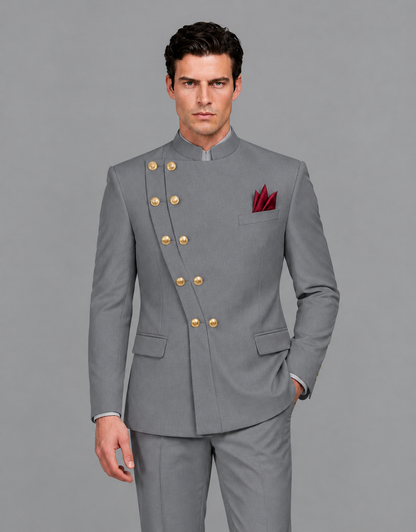 BOLODOO Men's Gray Asymmetrical Mandarin Collar Tuxedo Suit – Modern 2-Piece Gold Button Wedding, Prom & Gala Set - Gray - Gray_01