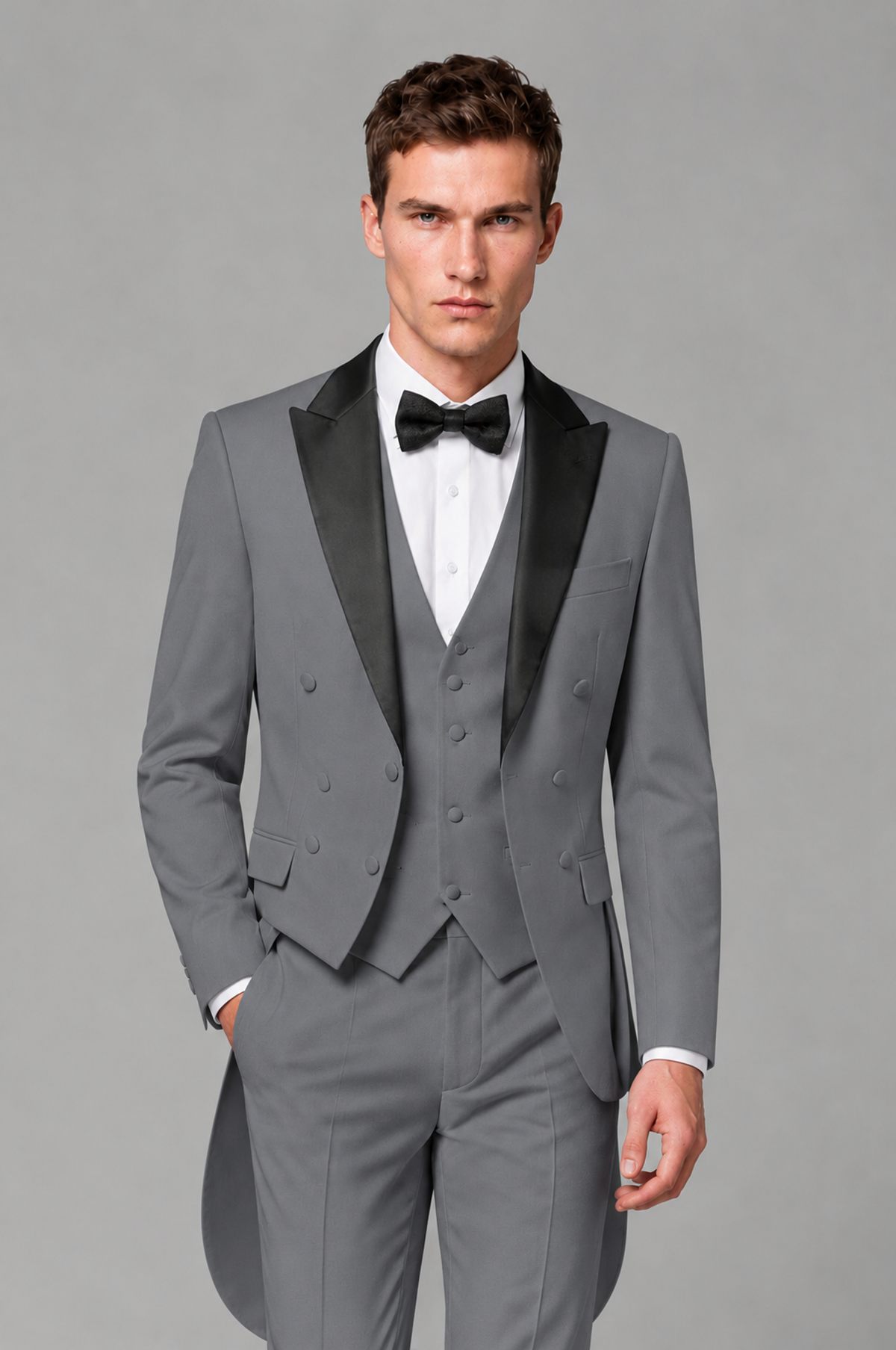 Savile Gray 3-Piece Tailcoat Tuxedo Suit with Black Peak Lapel - Gray - Gray_01