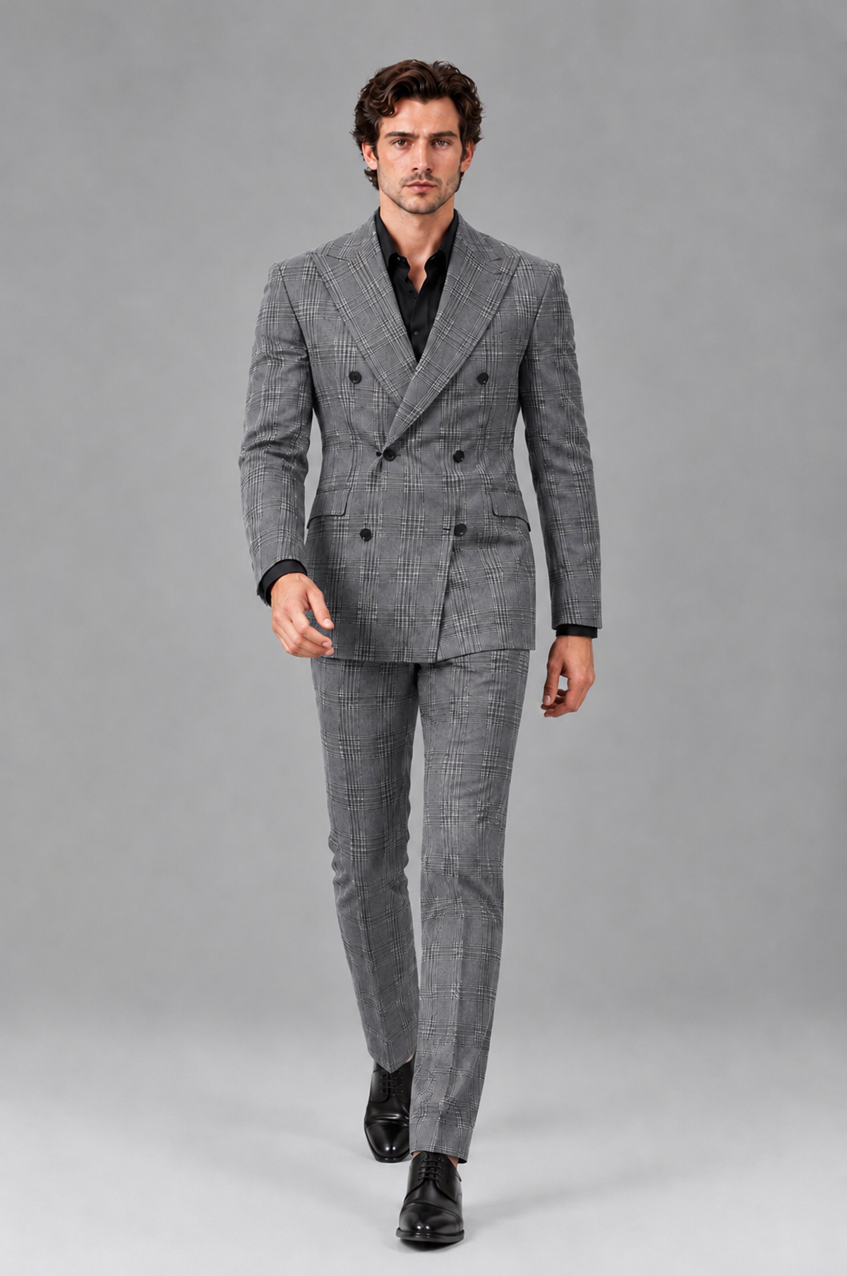Savile Men's Rust Plaid 2-Piece Double-Breasted Suit – Peak Lapel Slim-Fit Jacket & Trousers Set - Gray - Gray