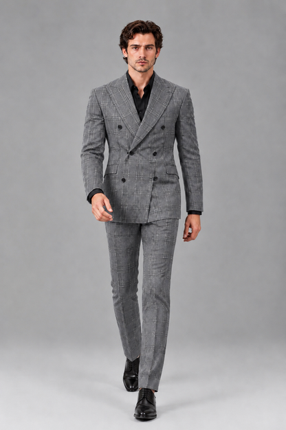 Savile Men's Rust Plaid 2-Piece Double-Breasted Suit – Peak Lapel Slim-Fit Jacket & Trousers Set - Gray - Gray