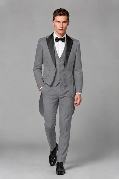 Savile Gray 3-Piece Tailcoat Tuxedo Suit with Black Peak Lapel - Gray - Gray_02