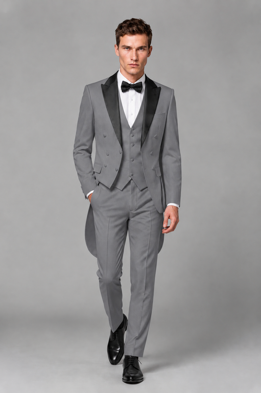 Savile Gray 3-Piece Tailcoat Tuxedo Suit with Black Peak Lapel - Gray - Gray_02