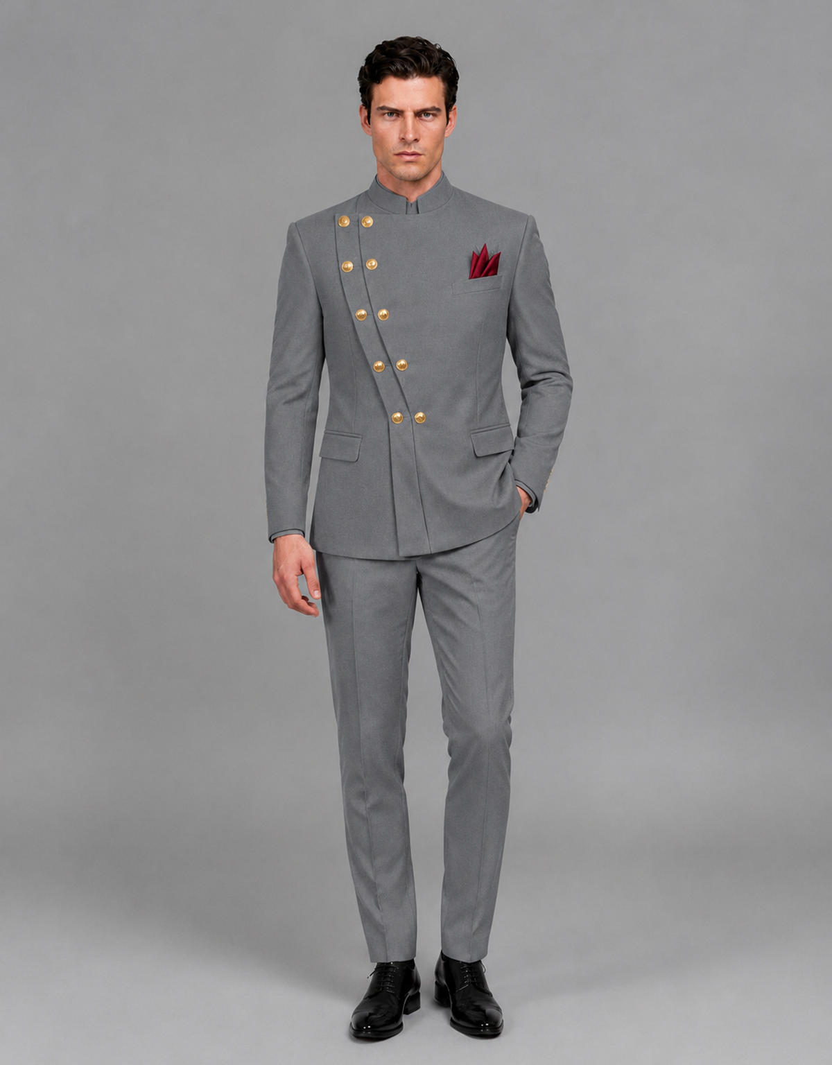 BOLODOO Men's Gray Asymmetrical Mandarin Collar Tuxedo Suit – Modern 2-Piece Gold Button Wedding, Prom & Gala Set - Gray - Gray_02