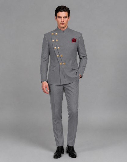 BOLODOO Men's Gray Asymmetrical Mandarin Collar Tuxedo Suit – Modern 2-Piece Gold Button Wedding, Prom & Gala Set - Gray - Gray_02
