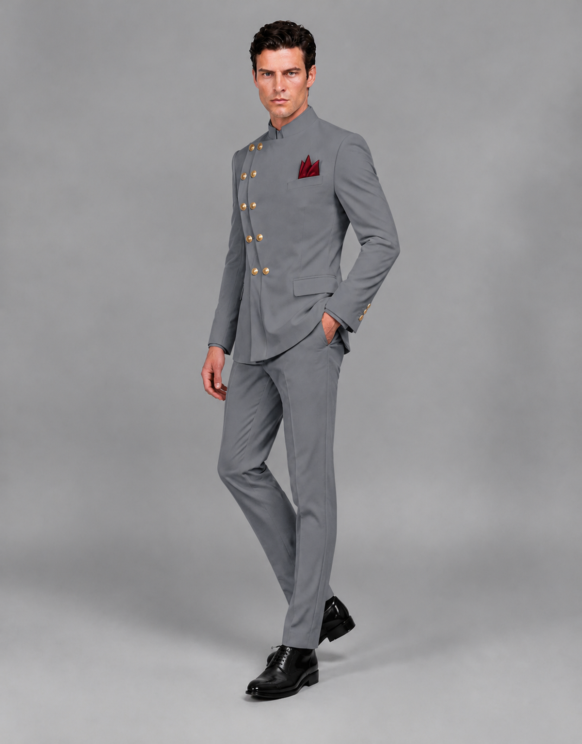BOLODOO Men's Gray Asymmetrical Mandarin Collar Tuxedo Suit – Modern 2-Piece Gold Button Wedding, Prom & Gala Set - Gray - Gray_04