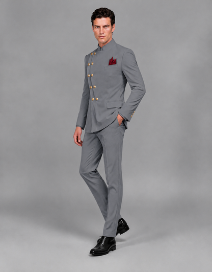 BOLODOO Men's Gray Asymmetrical Mandarin Collar Tuxedo Suit – Modern 2-Piece Gold Button Wedding, Prom & Gala Set - Gray - Gray_04